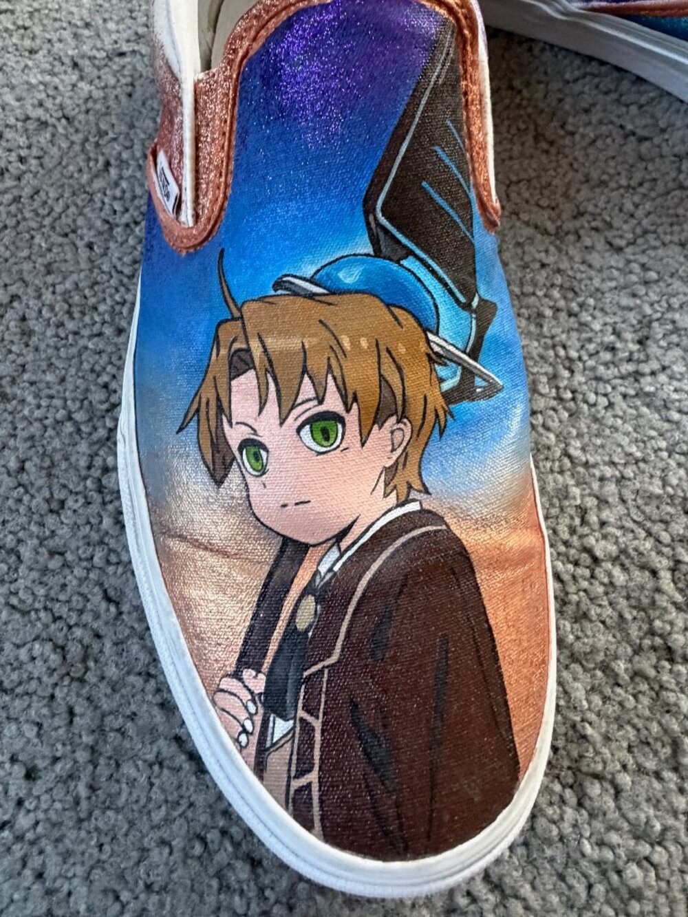Custom Hand-Painted Vans Slip-On Wide Shoes - Mushoku Tensei Rudeus Anime Men 11 - Picture 9 of 13